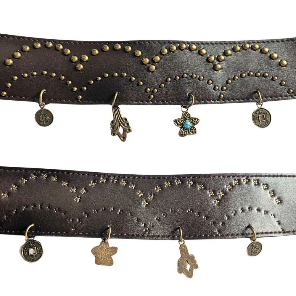 Vtg Y2K Dangling Charm Wide Low Rise Studded Brown Faux Leather Belt Sz 48/1X - Picture 4 of 5